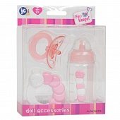 Пустышка, бутылка и погремушка для куклы - комплект аксессуаров JC Toys(розовый цвет)